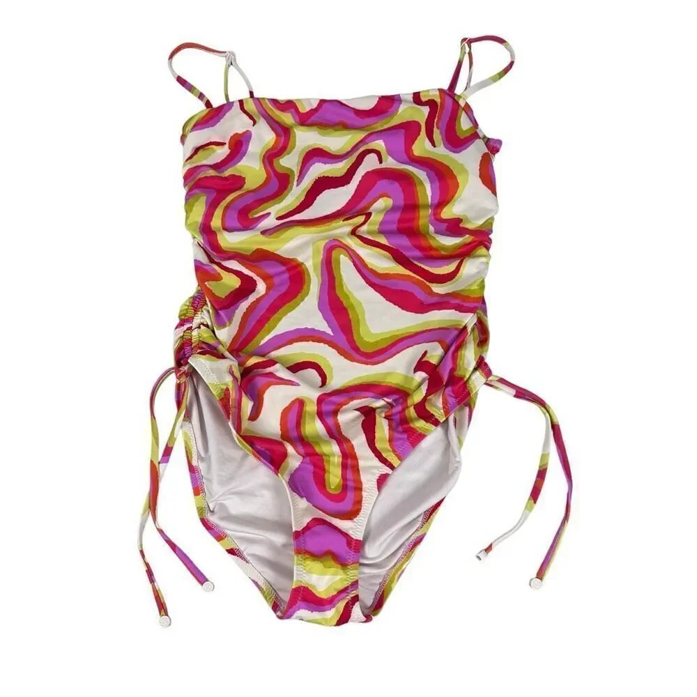 SANCTUARY Women's Neon Swirl Ruched-Side Swimsuit size Medium